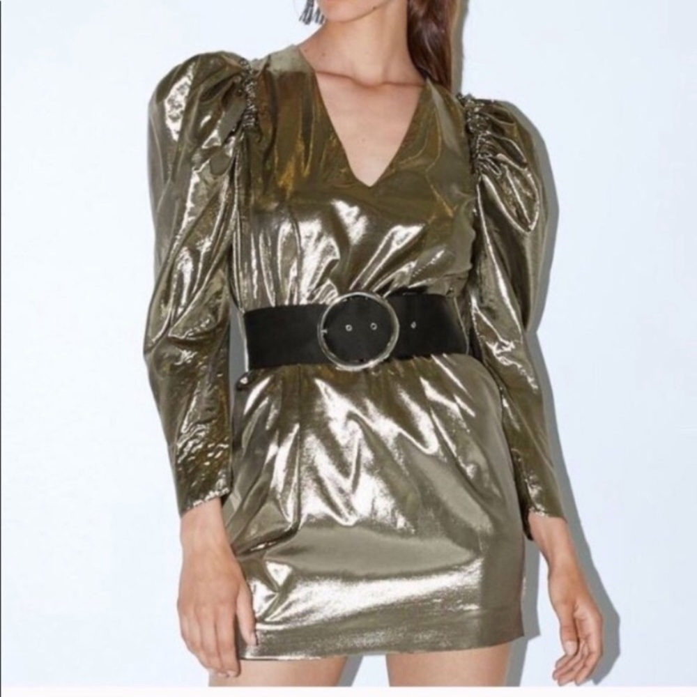 ZARA COLLECTION 19 Gold Balloon Sleeve Mini Dress, Size XS